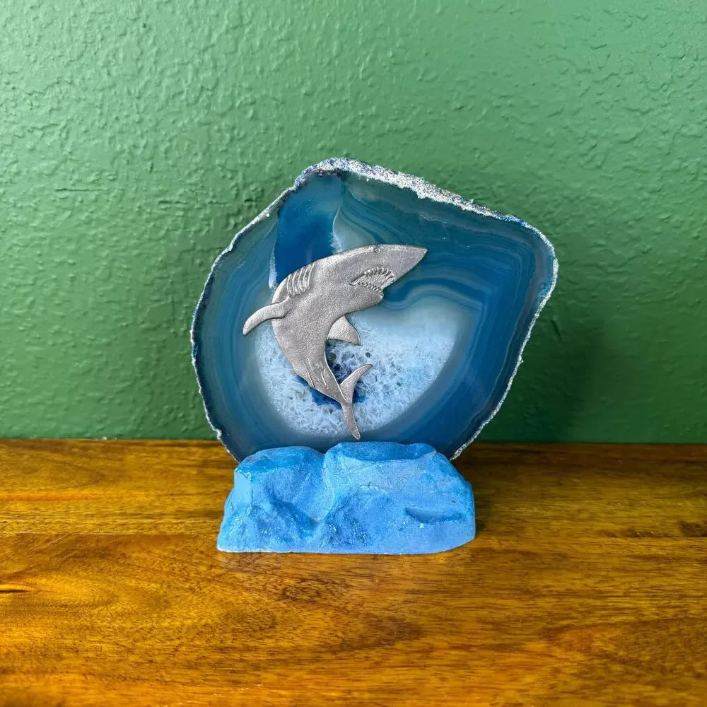 Blue Agate Geode Slice Crystal Candle Holder with Shark Display